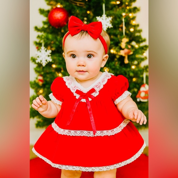 Vintage Red velvet baby dress with lace trim holiday dress Christmas outfit - Picture 7 of 7
